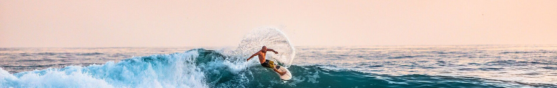 A surfer carves a wave at sunset